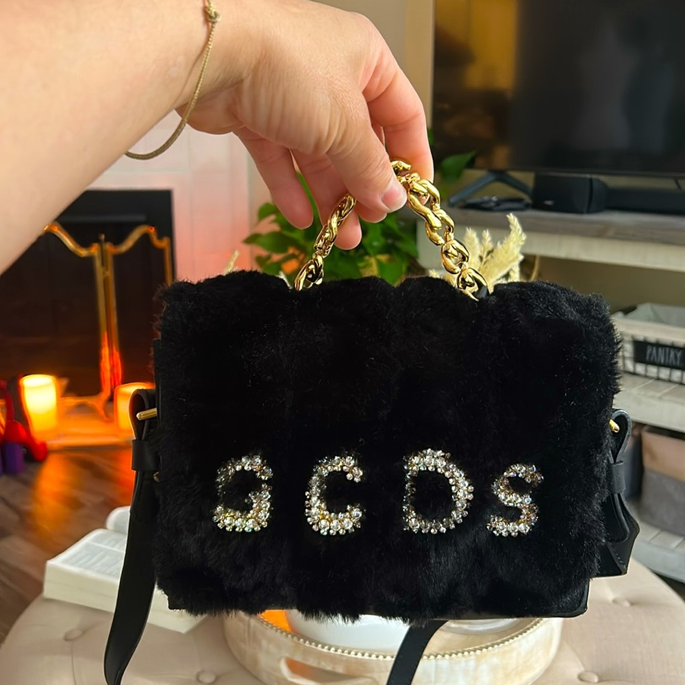 GCDS Black Faux Fur Crystal-Embellished Top Handle Bag